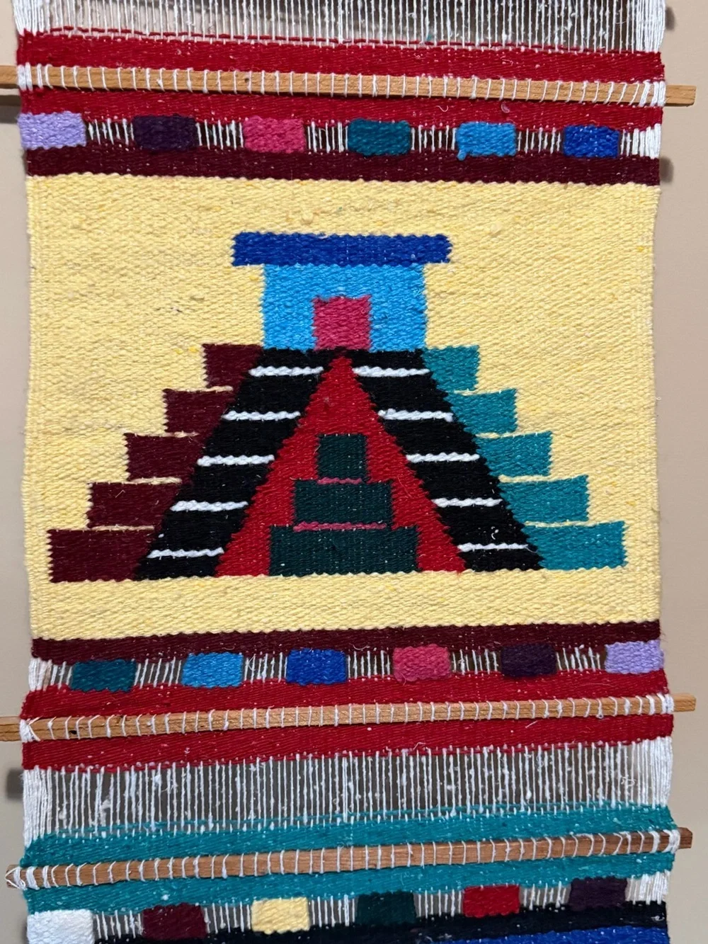 Vintage Mayan Aztec Tapestry Wall Hanging Handwoven Wool Boho Folk Art
